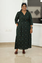 Bottle green woven butta maxi dress, full front view