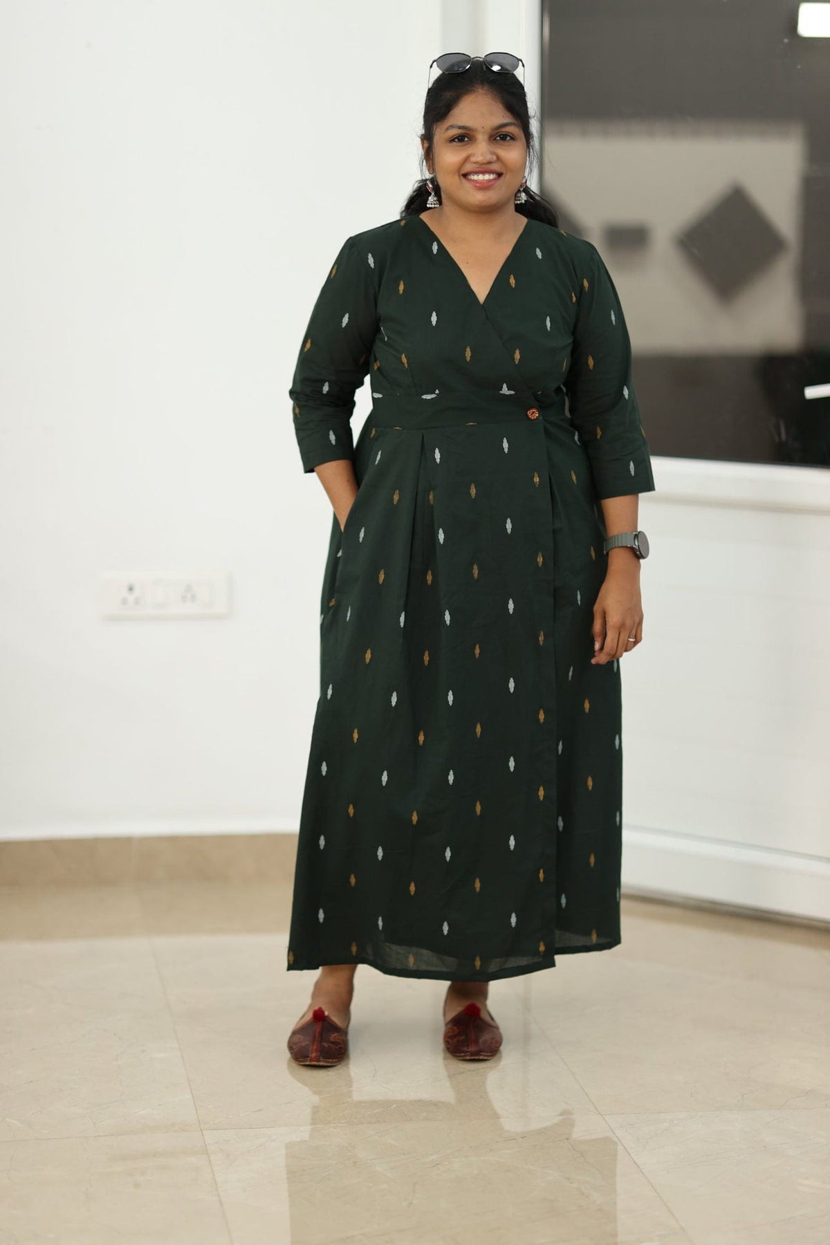 Bottle green woven butta maxi dress, full front view