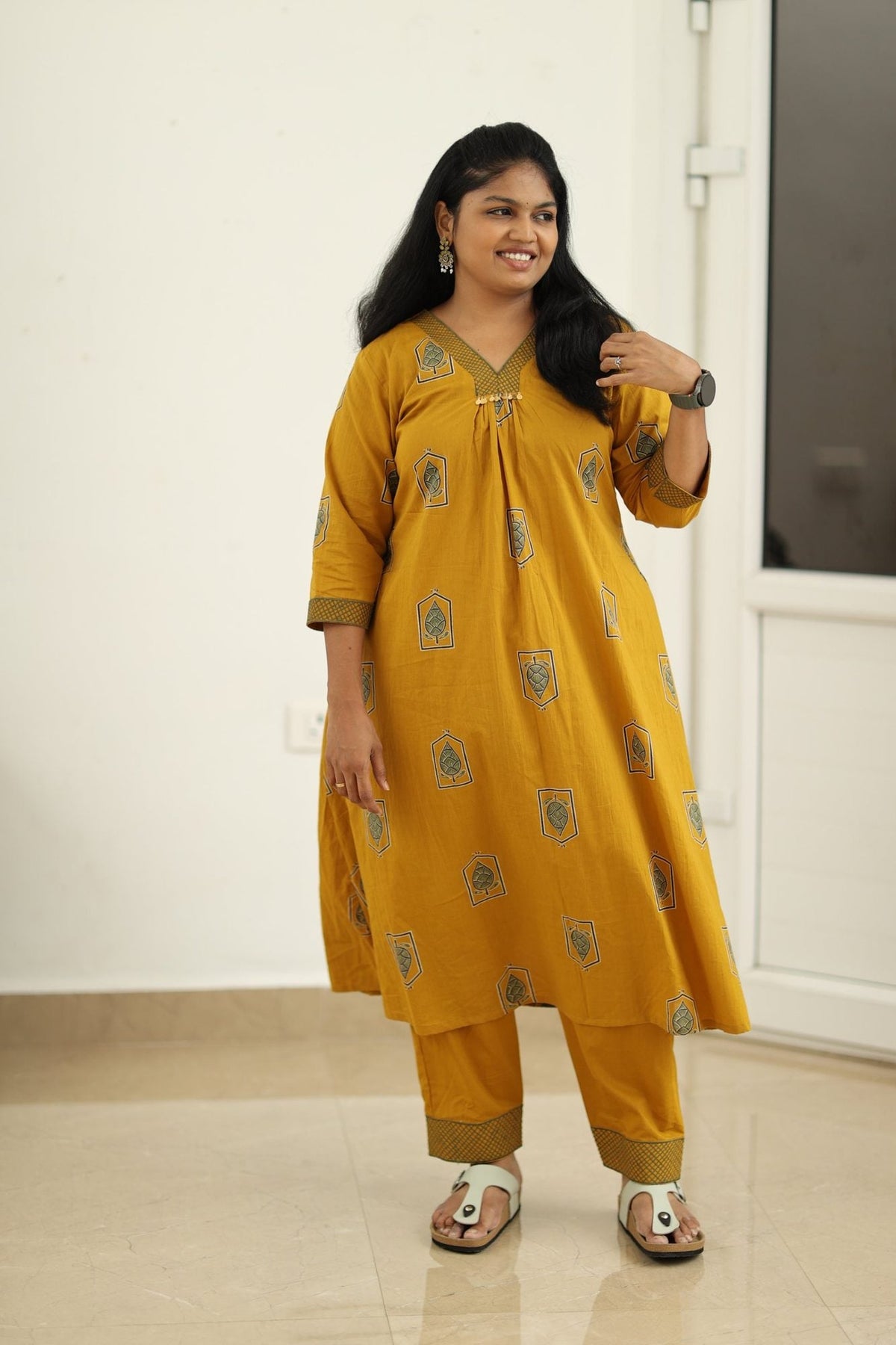 Mustard leaf block print 30+ office kurta set, front view