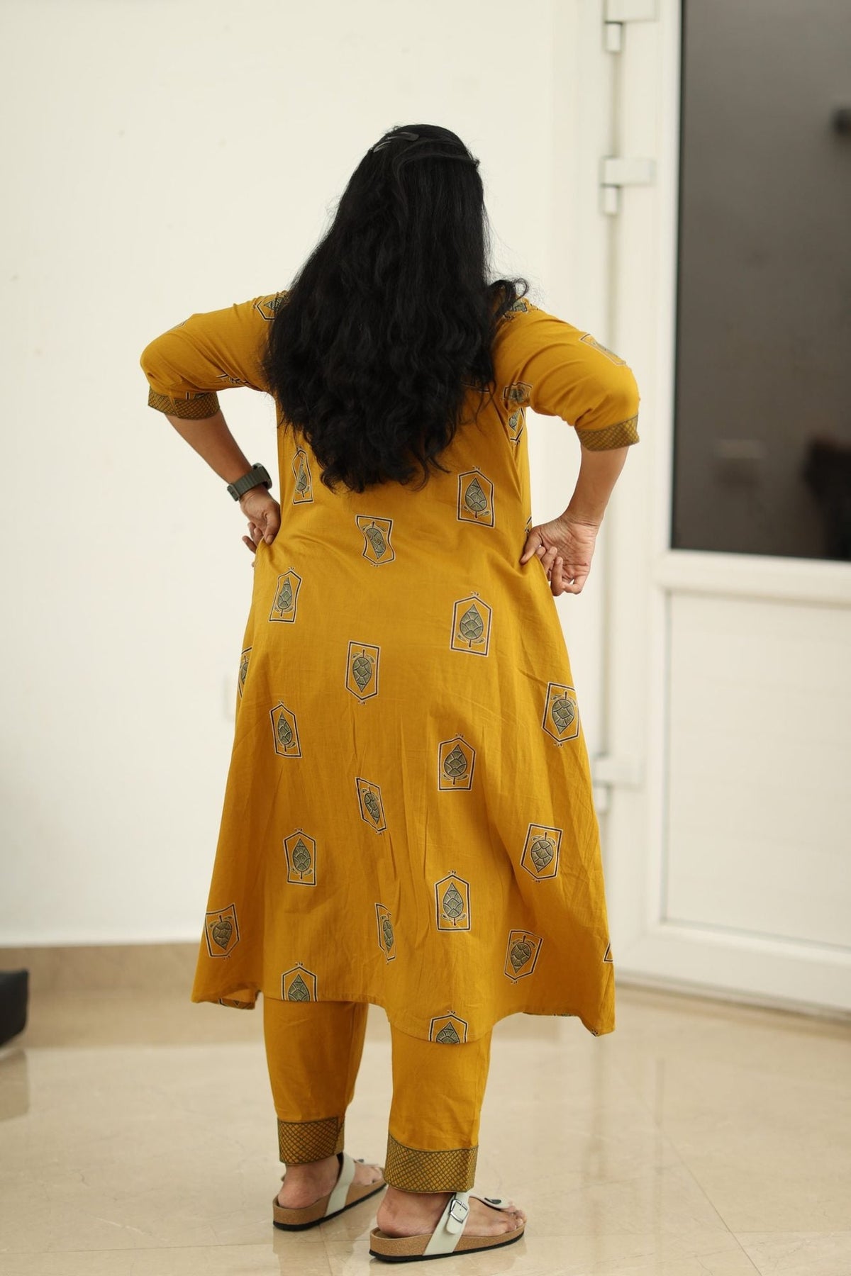 Mustard leaf block print kurta back view