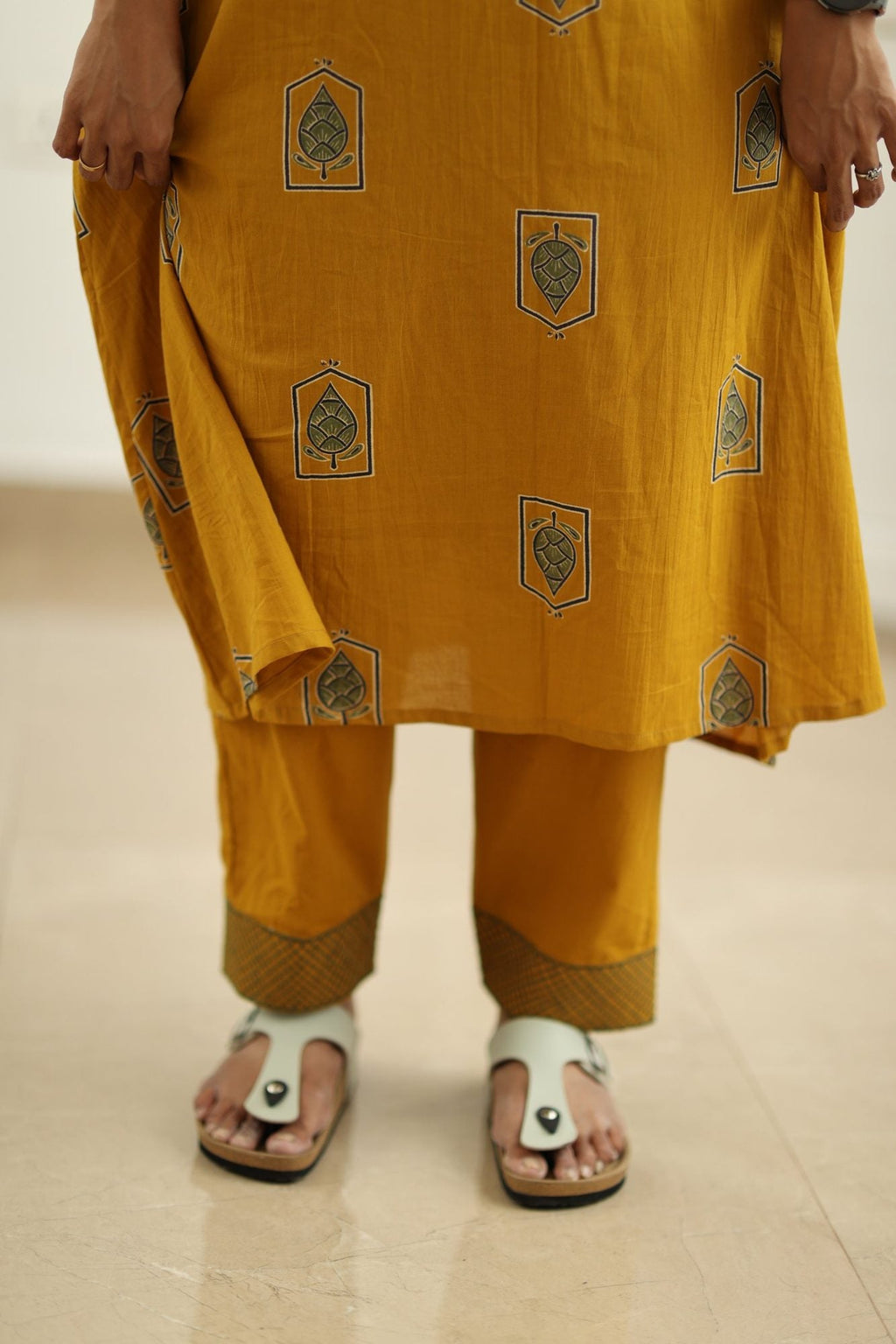 Mustard leaf block print kurta set full length