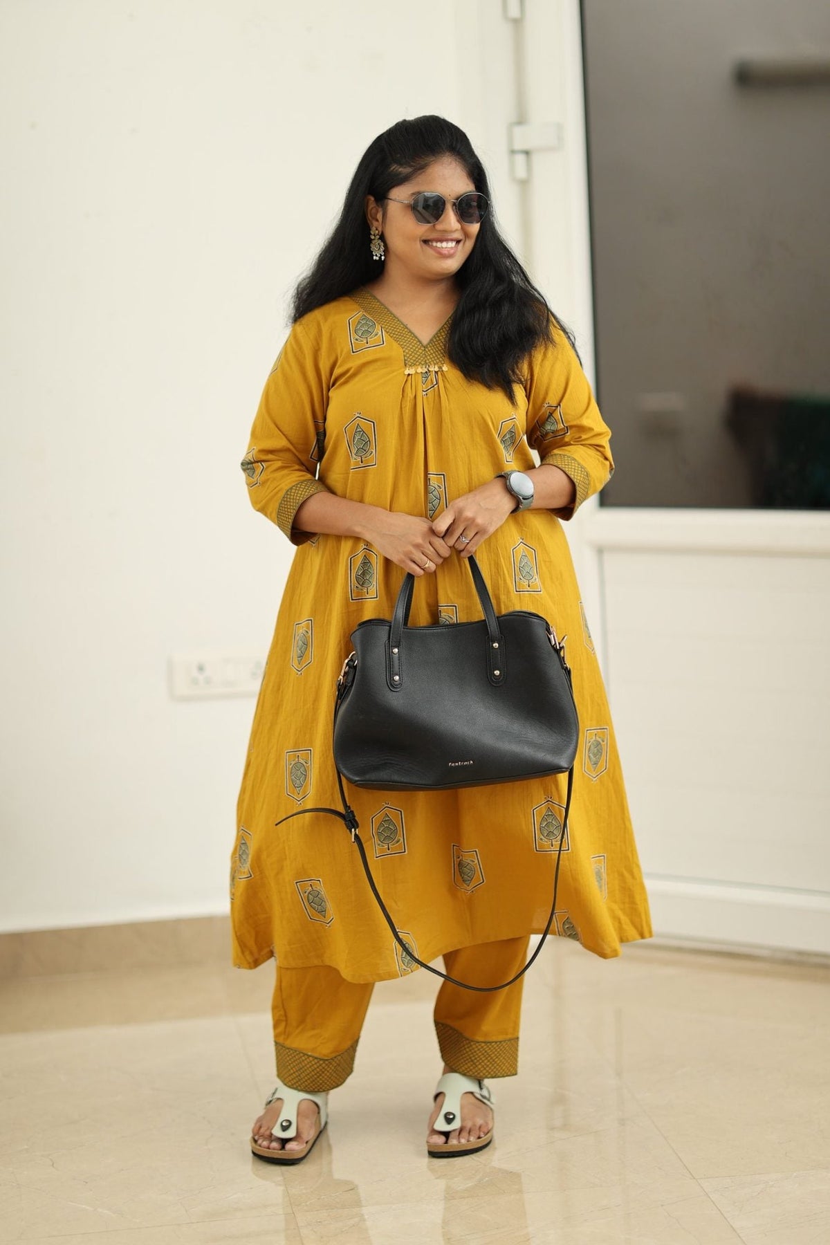 Mustard leaf block print kurta set office look