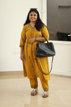 Mustard leaf block print kurta set full office look