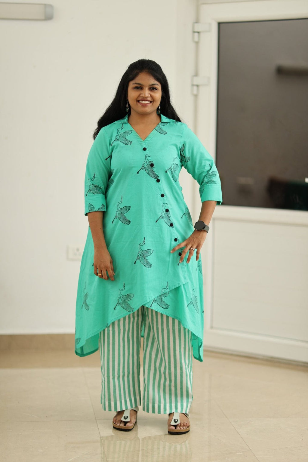 Lagoon Green Crane Block Print 30+ Women Everyday Office Kurta (Top + Bottom) | MAGI0035
