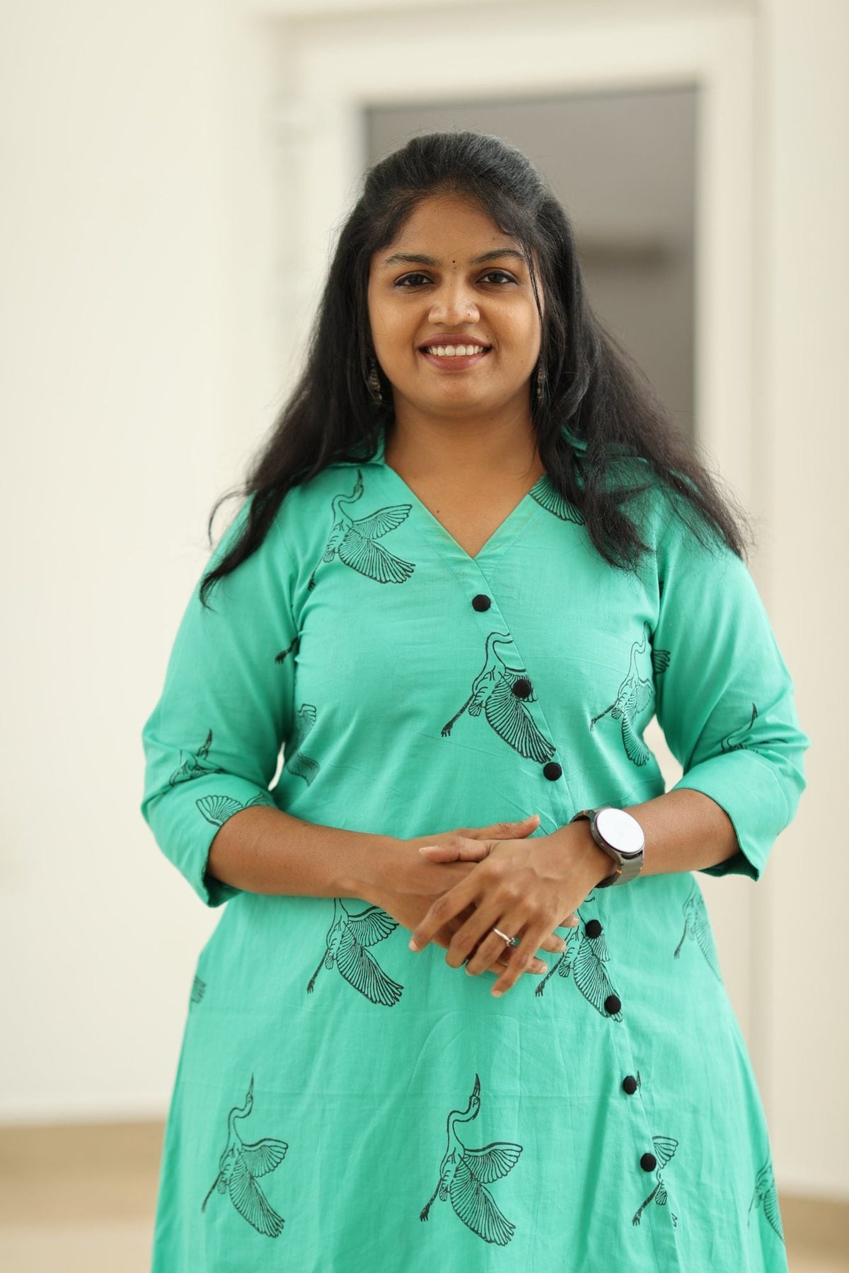 Lagoon Green Crane Block Print 30+ Women Everyday Office Kurta (Top + Bottom) | MAGI0035