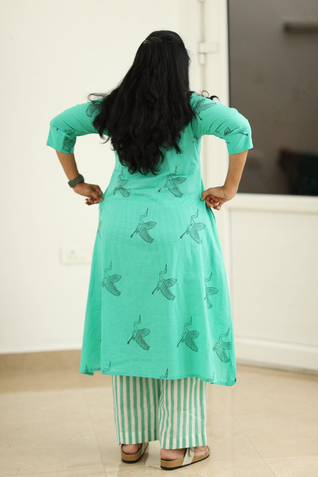 Lagoon Green Crane Block Print 30+ Women Everyday Office Kurta (Top + Bottom) | MAGI0035