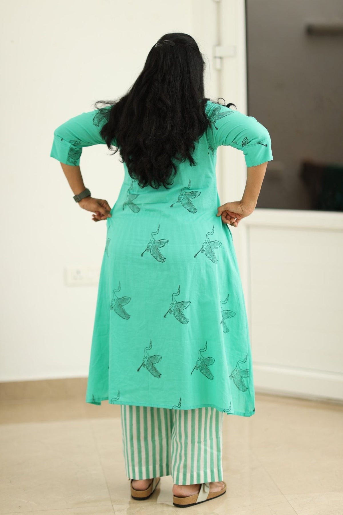 Lagoon Green Crane Block Print 30+ Women Everyday Office Kurta (Top + Bottom) | MAGI0035