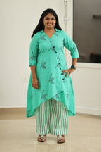 Lagoon Green Crane Block Print 30+ Women Everyday Office Kurta (Top + Bottom) | MAGI0035