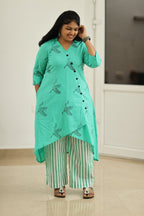 Lagoon Green Crane Block Print 30+ Women Everyday Office Kurta (Top + Bottom) | MAGI0035