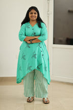 Lagoon Green Crane Block Print 30+ Women Everyday Office Kurta (Top + Bottom) | MAGI0035