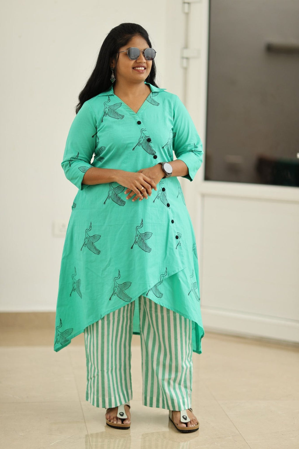 Lagoon Green Crane Block Print 30+ Women Everyday Office Kurta (Top + Bottom) | MAGI0035