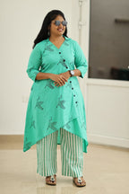 Lagoon Green Crane Block Print 30+ Women Everyday Office Kurta (Top + Bottom) | MAGI0035
