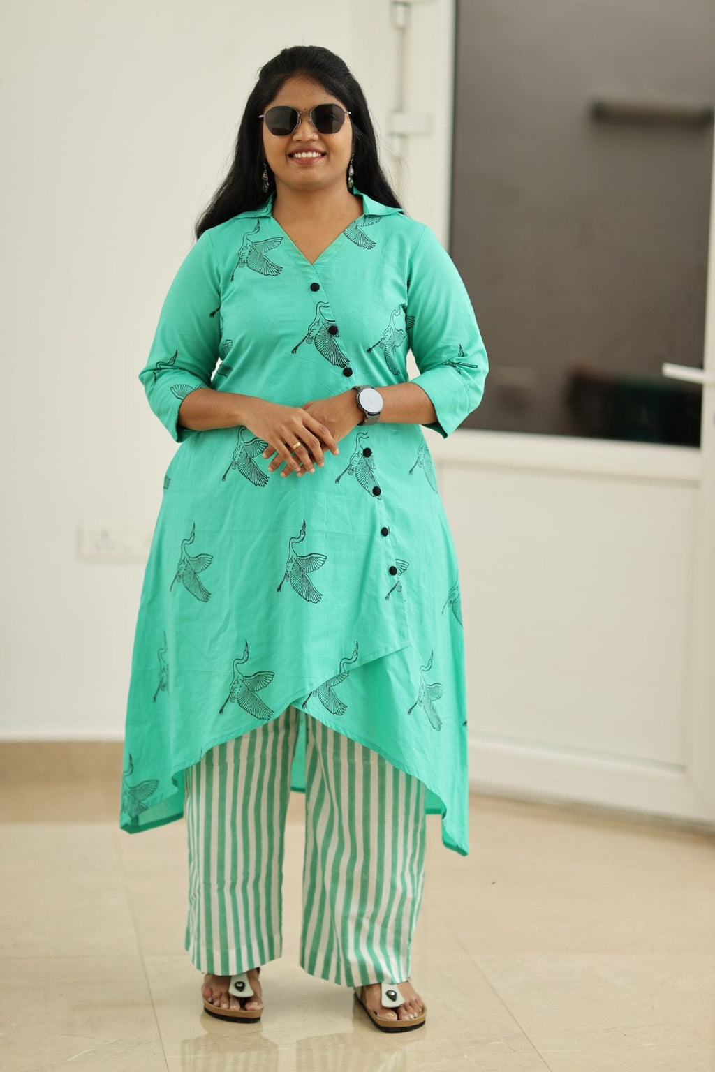 Lagoon Green Crane Block Print 30+ Women Everyday Office Kurta (Top + Bottom) | MAGI0035