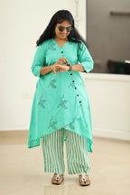 Lagoon Green Crane Block Print 30+ Women Everyday Office Kurta (Top + Bottom) | MAGI0035