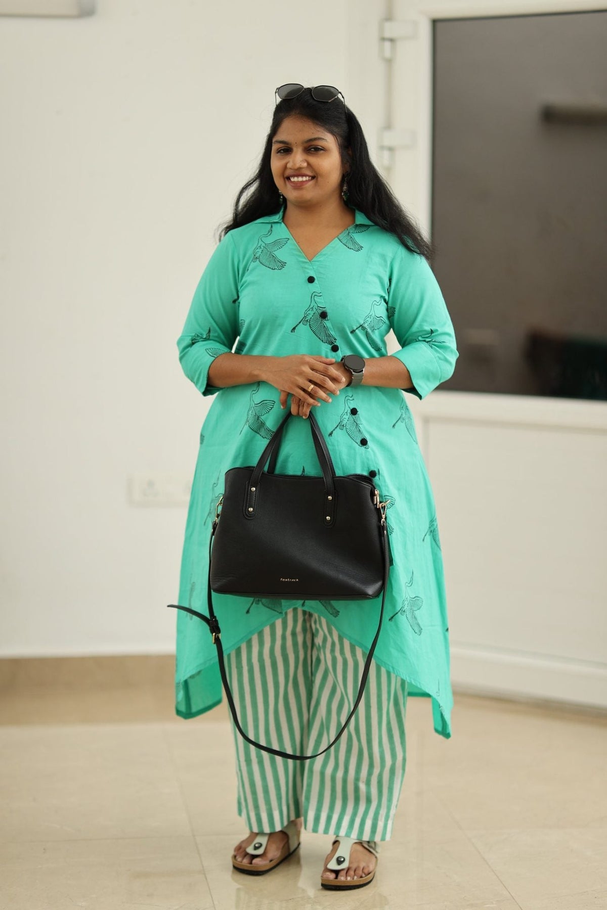 Lagoon Green Crane Block Print 30+ Women Everyday Office Kurta (Top + Bottom) | MAGI0035
