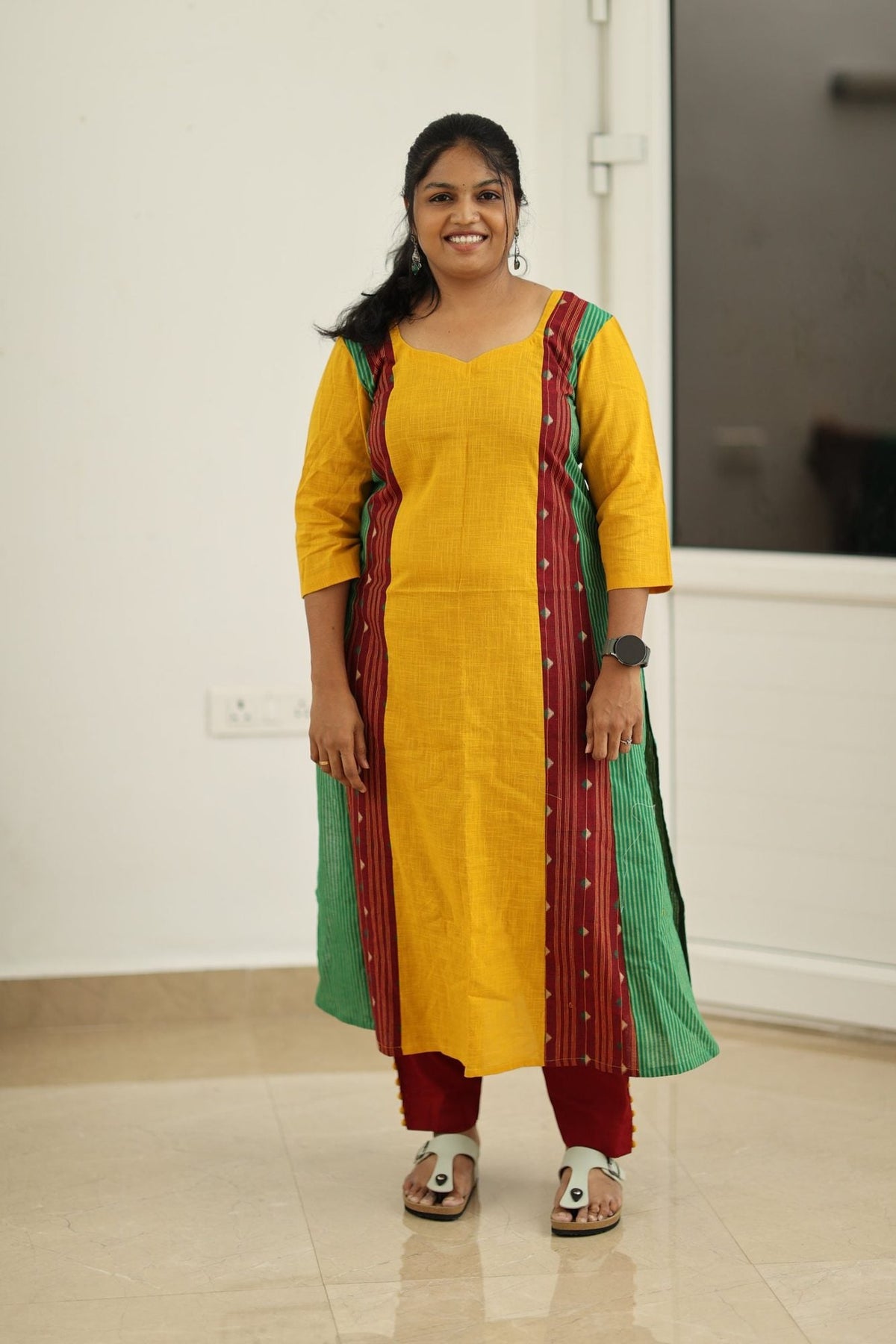 Mustard woven border kurta set, full front view
