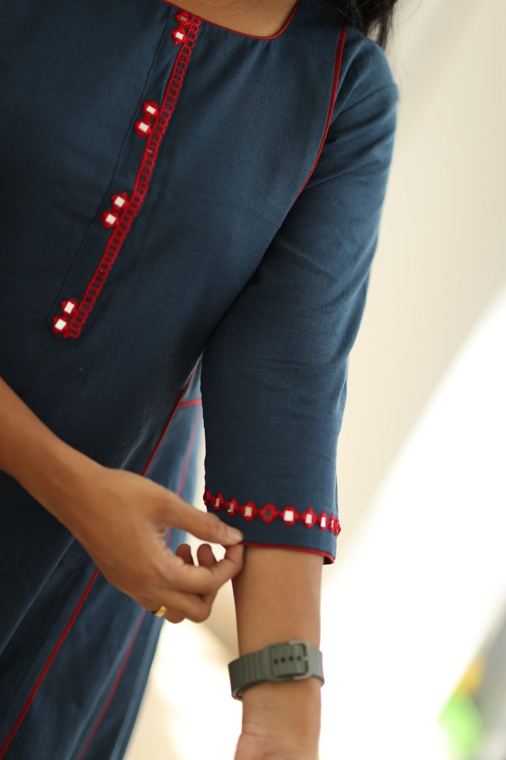 Navy Red Mirror Work 30+ Women Everyday Office Kurta (Top + Bottom) | MAGI0037