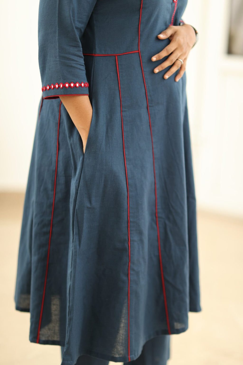 Navy Red Mirror Work 30+ Women Everyday Office Kurta (Top + Bottom) | MAGI0037