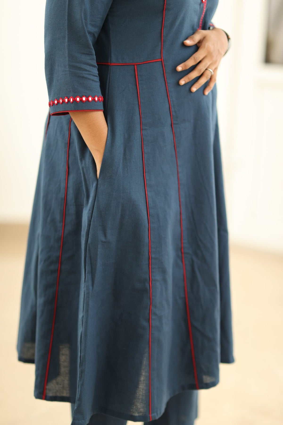 Navy Red Mirror Work 30+ Women Everyday Office Kurta (Top + Bottom) | MAGI0037