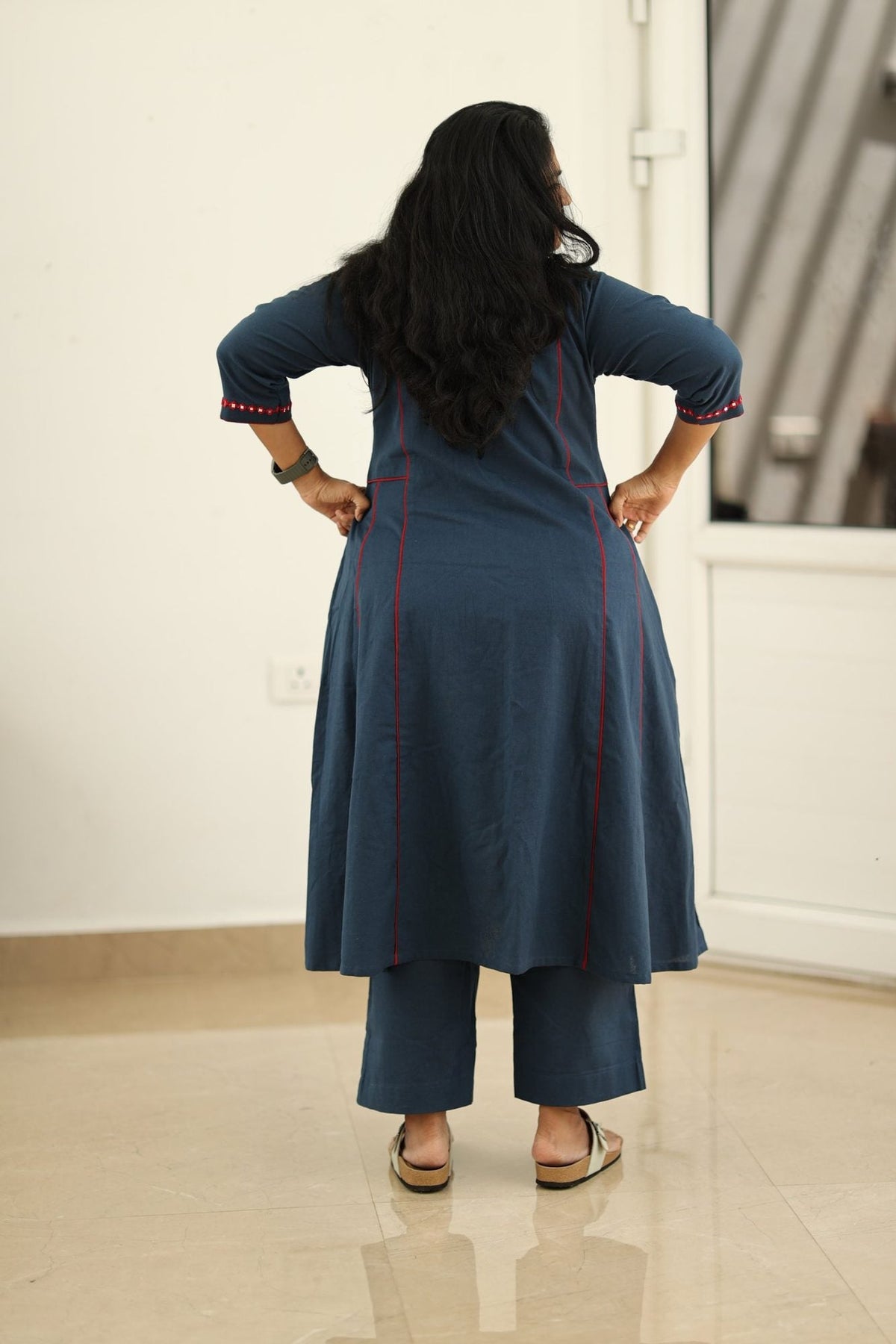 Navy Red Mirror Work 30+ Women Everyday Office Kurta (Top + Bottom) | MAGI0037