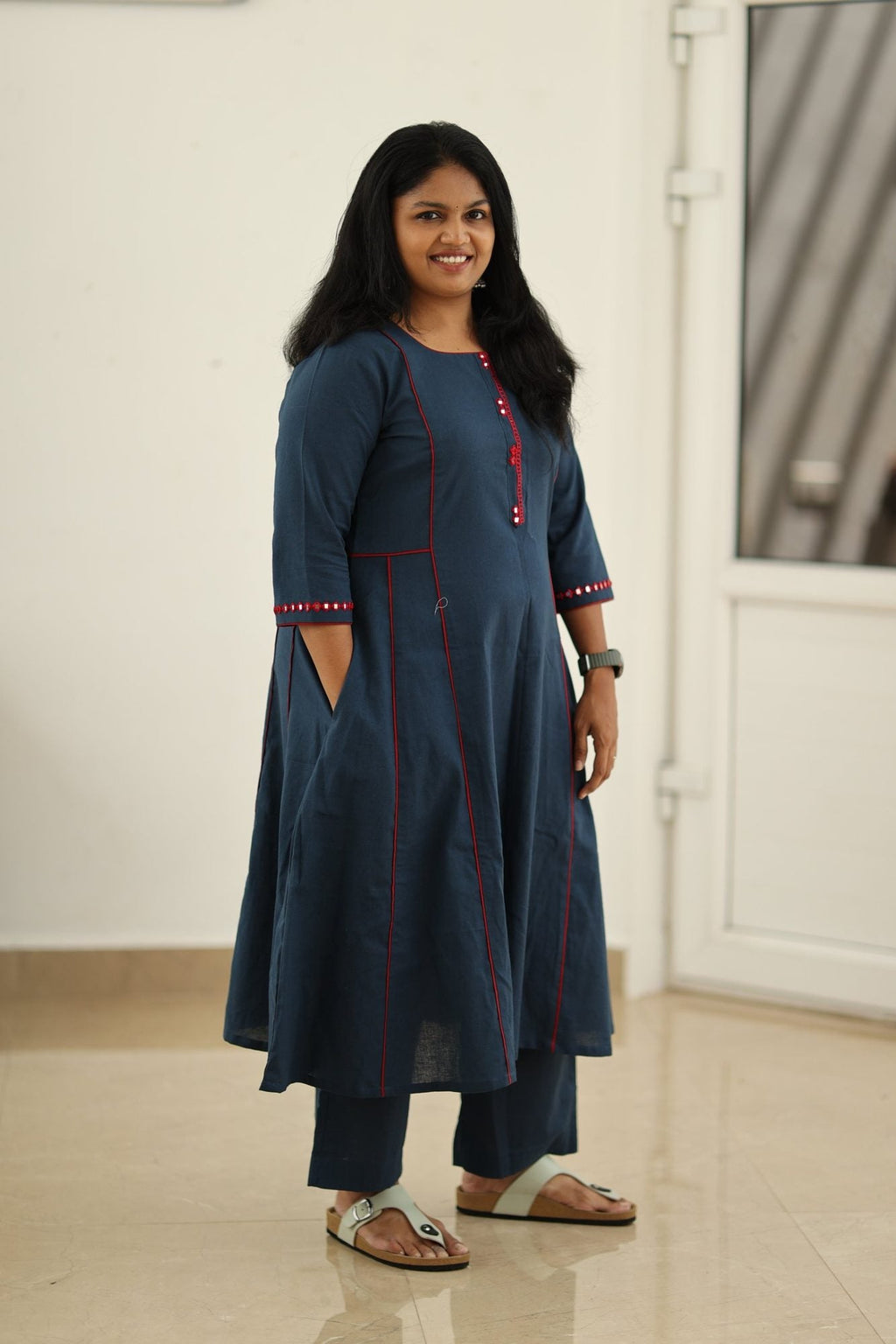 Navy Red Mirror Work 30+ Women Everyday Office Kurta (Top + Bottom) | MAGI0037