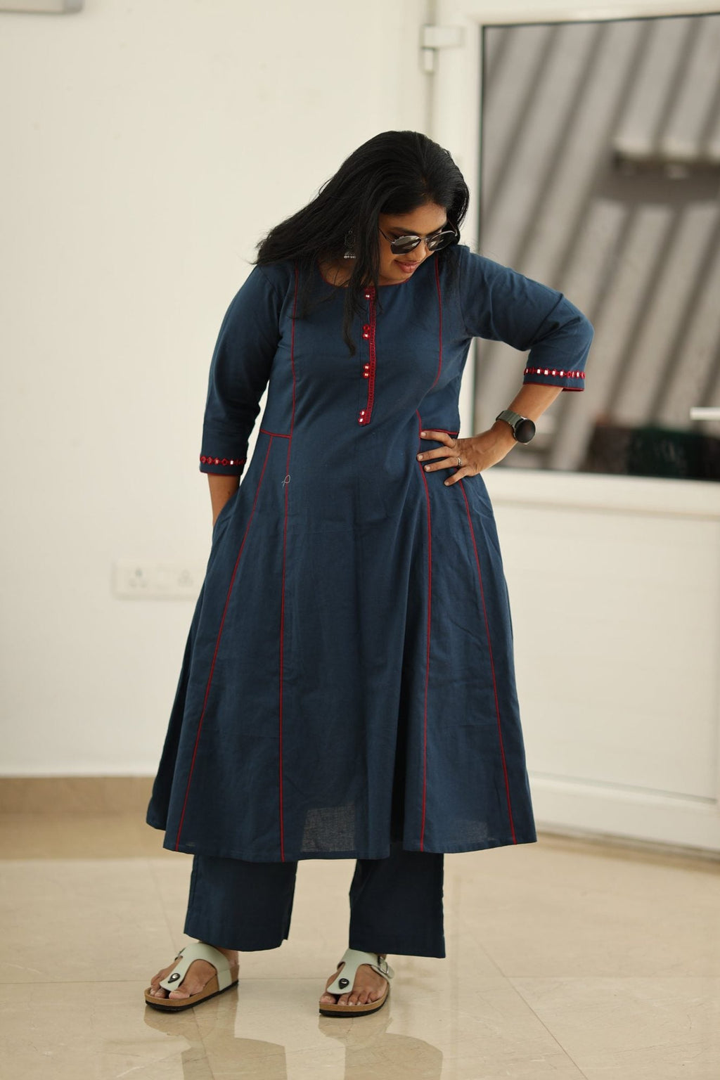 Navy Red Mirror Work 30+ Women Everyday Office Kurta (Top + Bottom) | MAGI0037