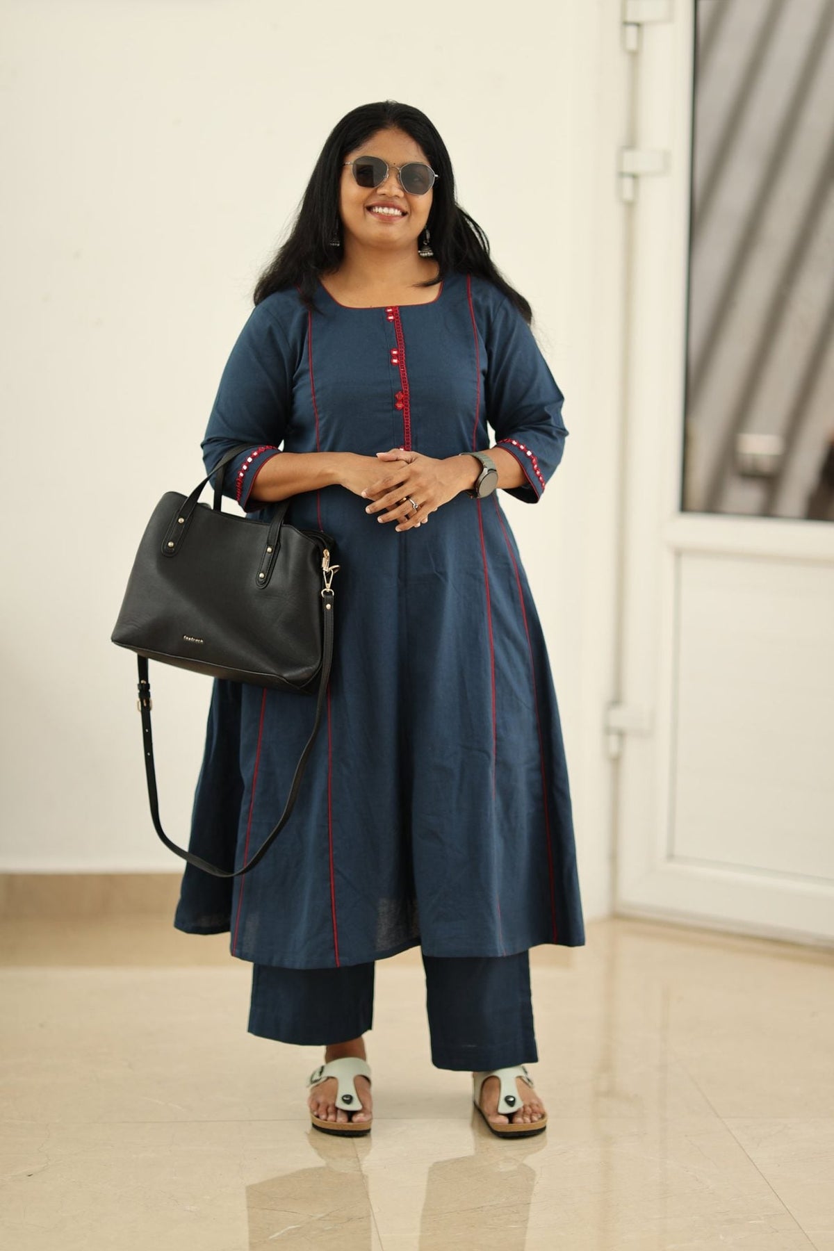 Navy Red Mirror Work 30+ Women Everyday Office Kurta (Top + Bottom) | MAGI0037