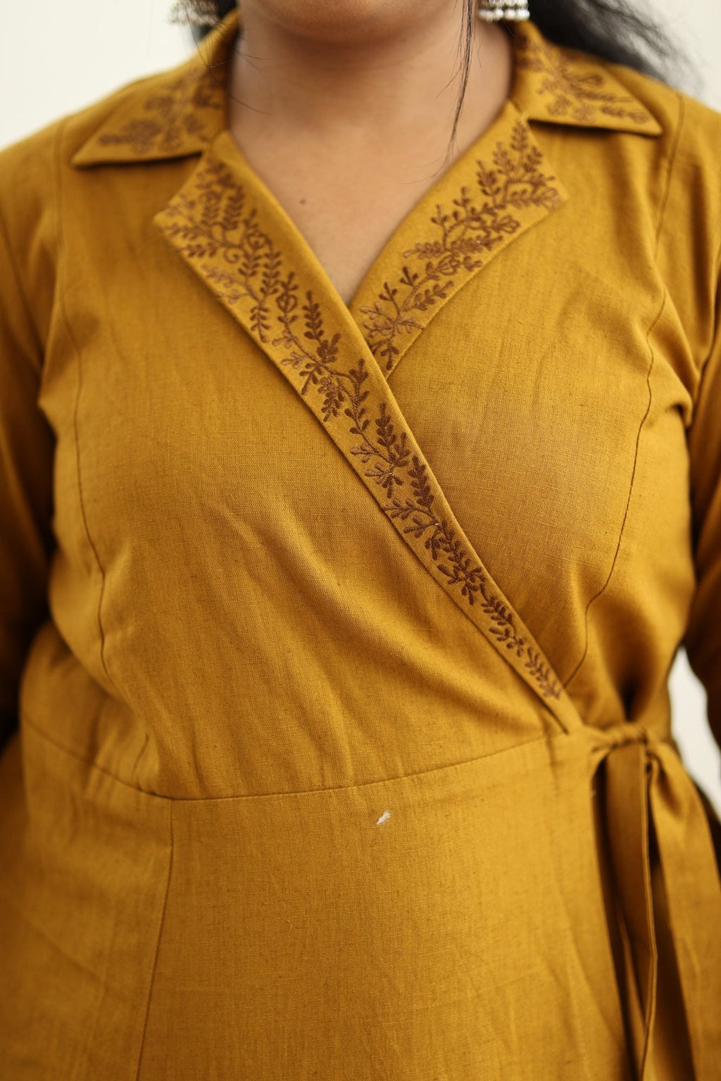 Mustard Hand-Embroidered Wrap 30+ Women Everyday Office Kurta (Maxi Dress) | MAGI0038