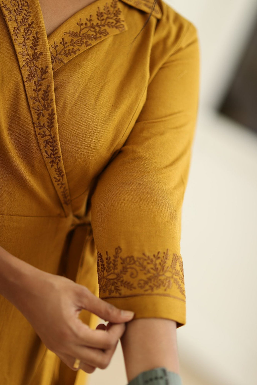 Mustard Hand-Embroidered Wrap 30+ Women Everyday Office Kurta (Maxi Dress) | MAGI0038