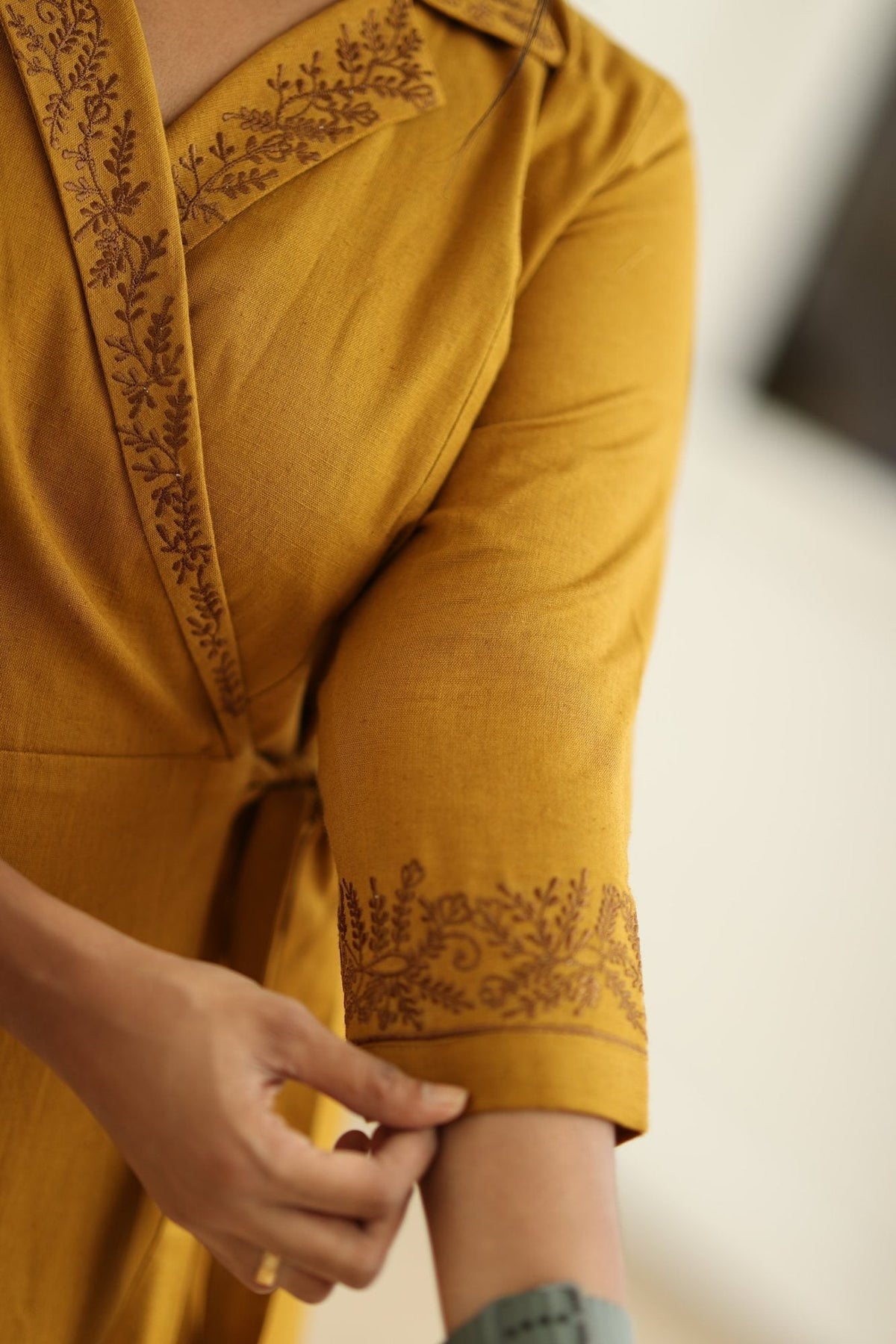 Mustard Hand-Embroidered Wrap 30+ Women Everyday Office Kurta (Maxi Dress) | MAGI0038