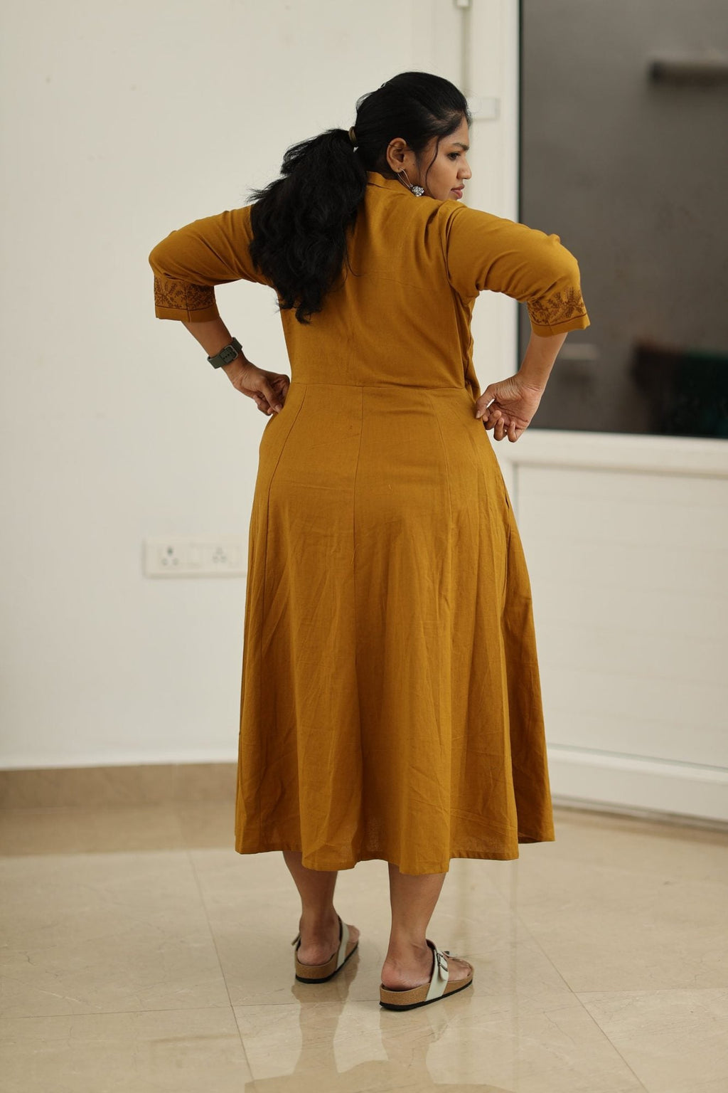 Mustard hand-embroidered wrap maxi dress