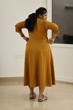 Mustard hand-embroidered wrap maxi dress