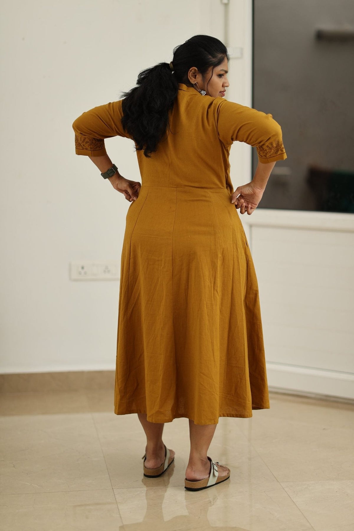 Mustard hand-embroidered wrap maxi dress