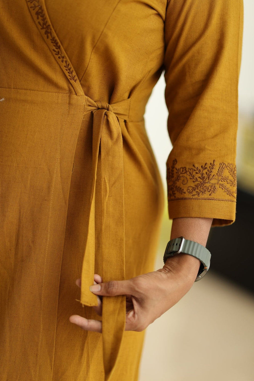 Mustard Hand-Embroidered Wrap 30+ Women Everyday Office Kurta (Maxi Dress) | MAGI0038