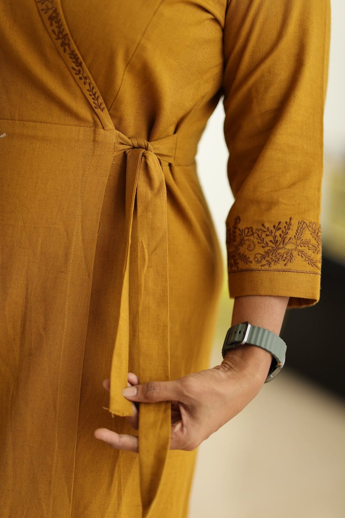 Mustard Hand-Embroidered Wrap 30+ Women Everyday Office Kurta (Maxi Dress) | MAGI0038