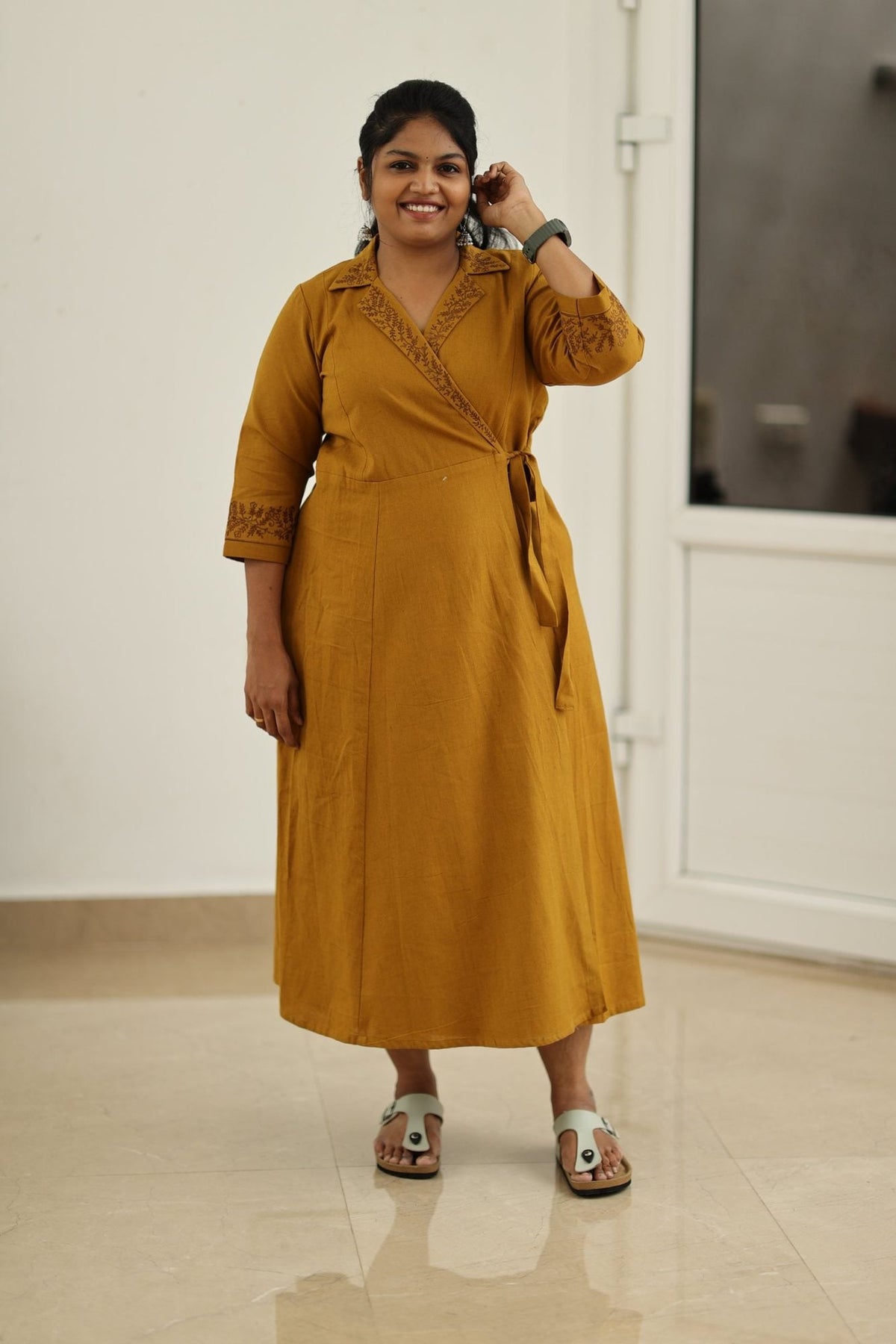 Mustard Hand-Embroidered Wrap 30+ Women Everyday Office Kurta (Maxi Dress) | MAGI0038