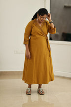 Mustard Hand-Embroidered Wrap 30+ Women Everyday Office Kurta (Maxi Dress) | MAGI0038