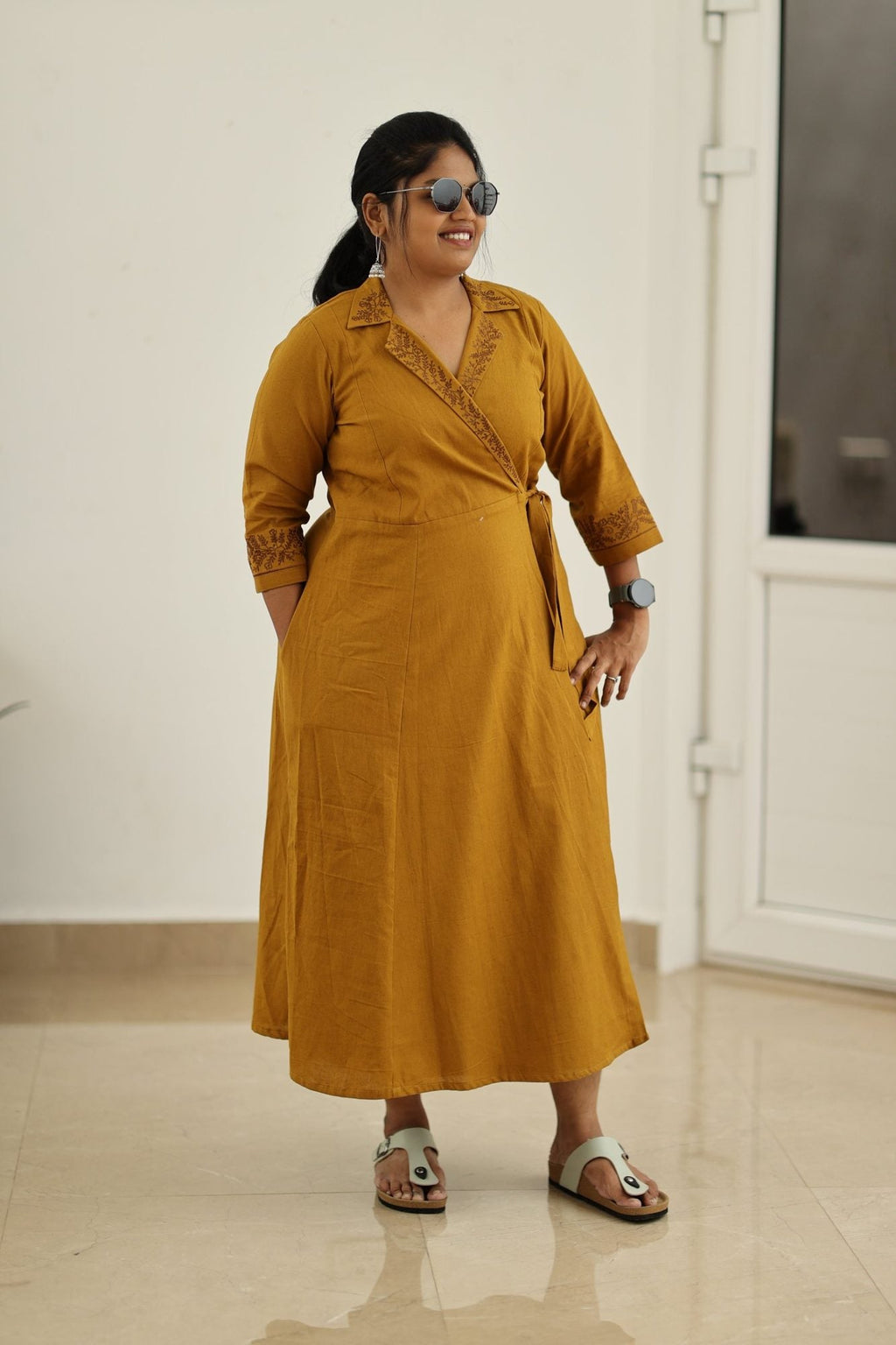 Mustard Hand-Embroidered Wrap 30+ Women Everyday Office Kurta (Maxi Dress) | MAGI0038