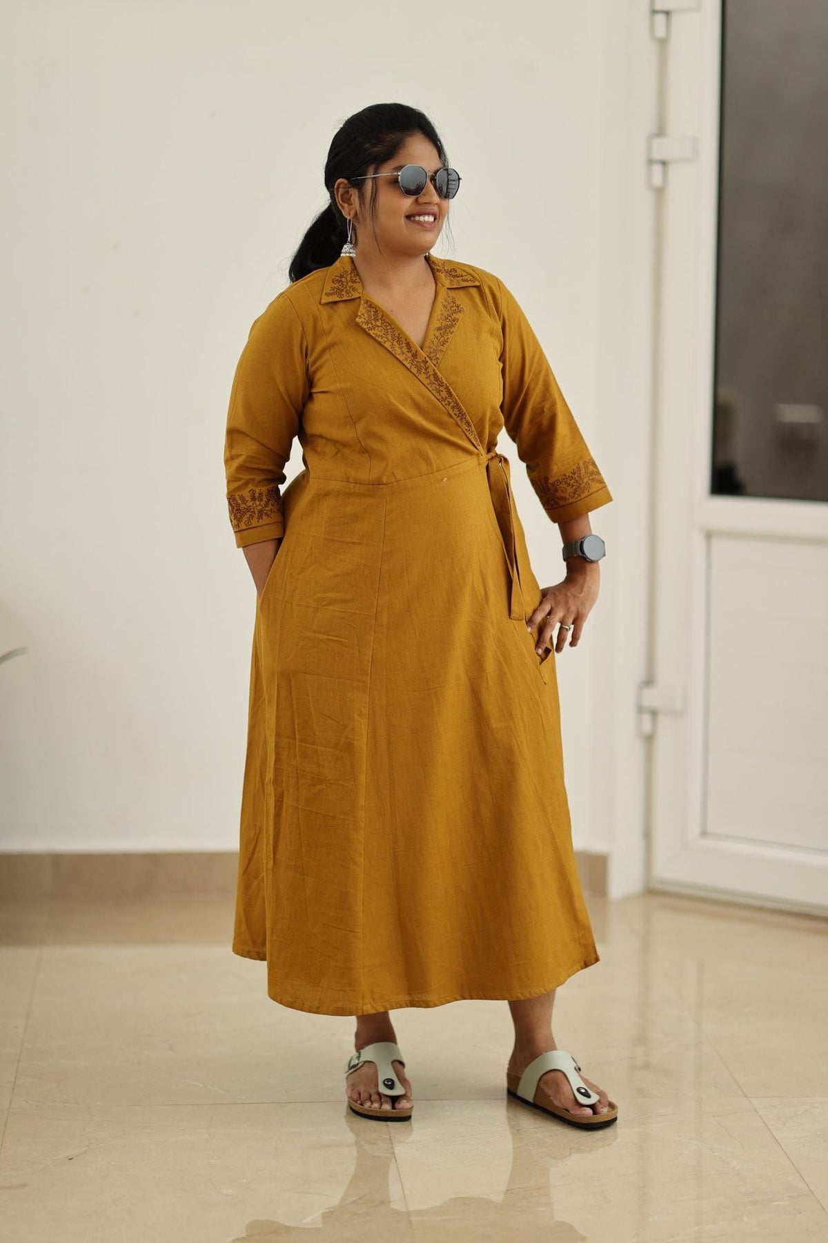 Mustard Hand-Embroidered Wrap 30+ Women Everyday Office Kurta (Maxi Dress) | MAGI0038