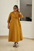 Mustard Hand-Embroidered Wrap 30+ Women Everyday Office Kurta (Maxi Dress) | MAGI0038