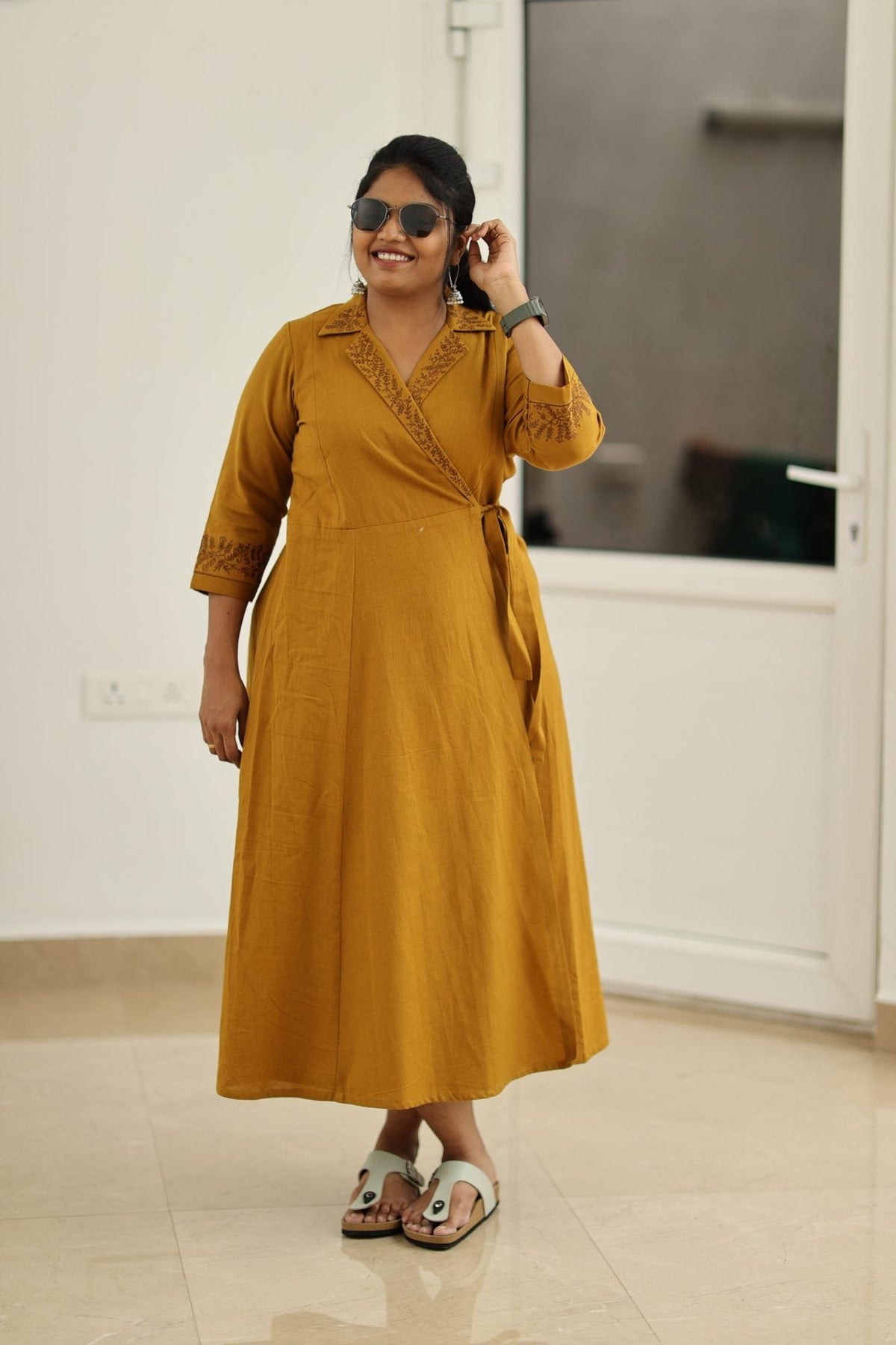 Mustard Hand-Embroidered Wrap 30+ Women Everyday Office Kurta (Maxi Dress) | MAGI0038