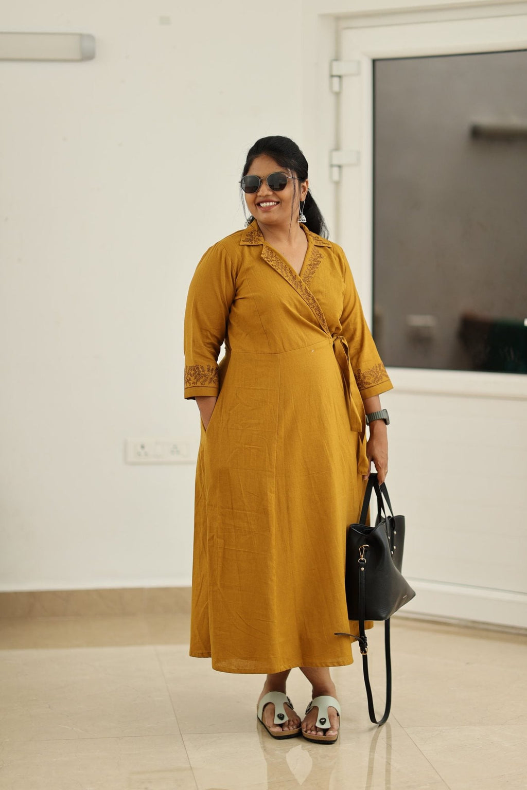 Mustard Hand-Embroidered Wrap 30+ Women Everyday Office Kurta (Maxi Dress) | MAGI0038