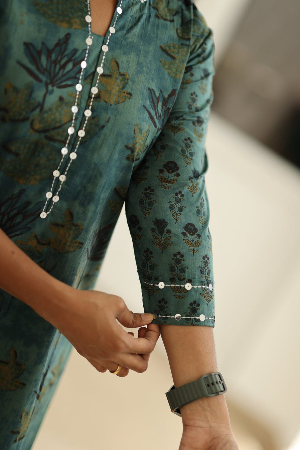 Teal Green Lotus Block Print 30+ Women Everyday Office Kurta (Top + Bottom) | MAGI0039