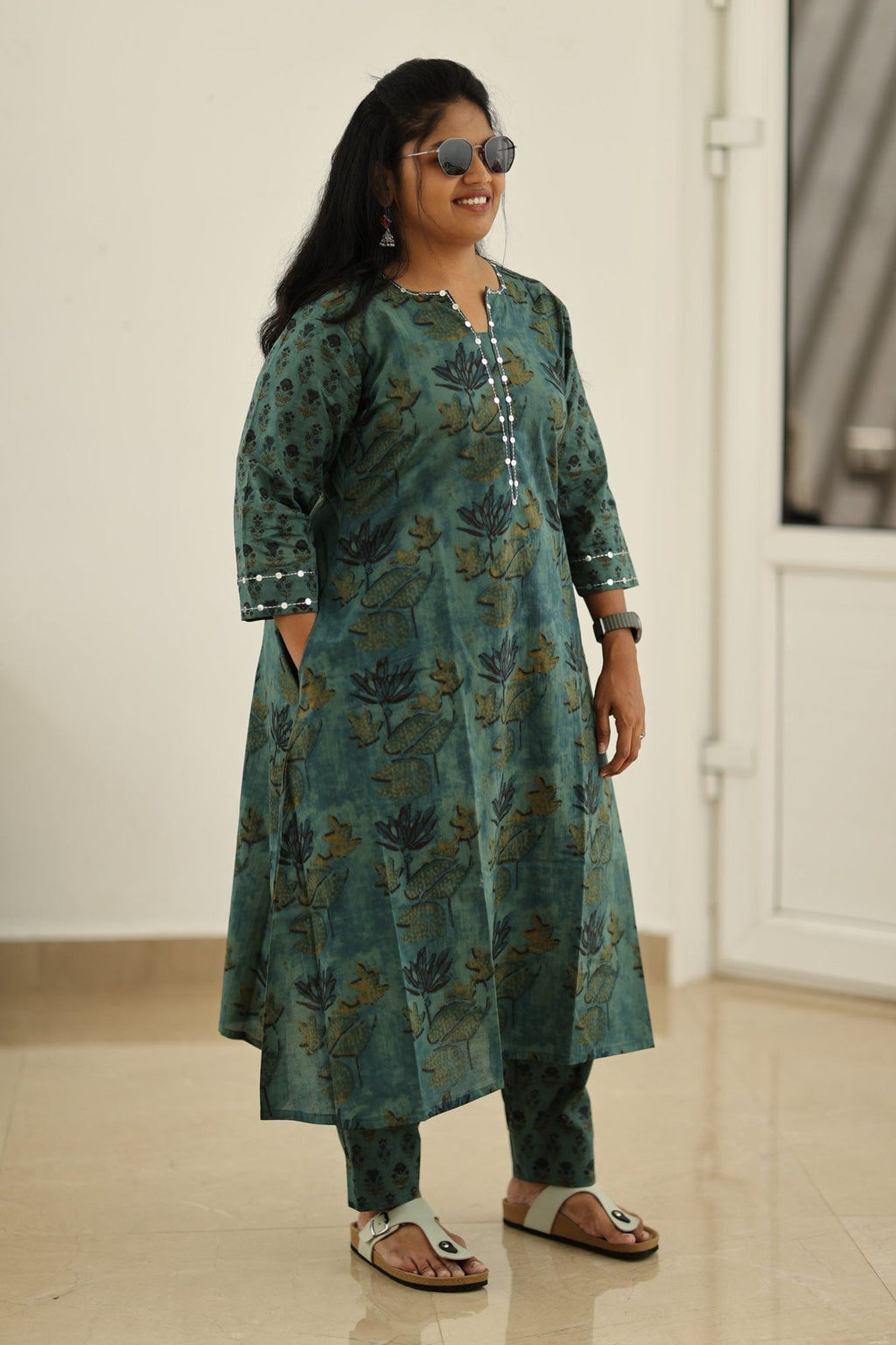 Teal Green Lotus Block Print 30+ Women Everyday Office Kurta (Top + Bottom) | MAGI0039