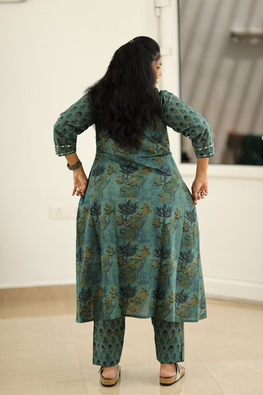 Teal Green Lotus Block Print 30+ Women Everyday Office Kurta (Top + Bottom) | MAGI0039
