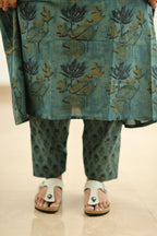 Teal Green Lotus Block Print 30+ Women Everyday Office Kurta (Top + Bottom) | MAGI0039