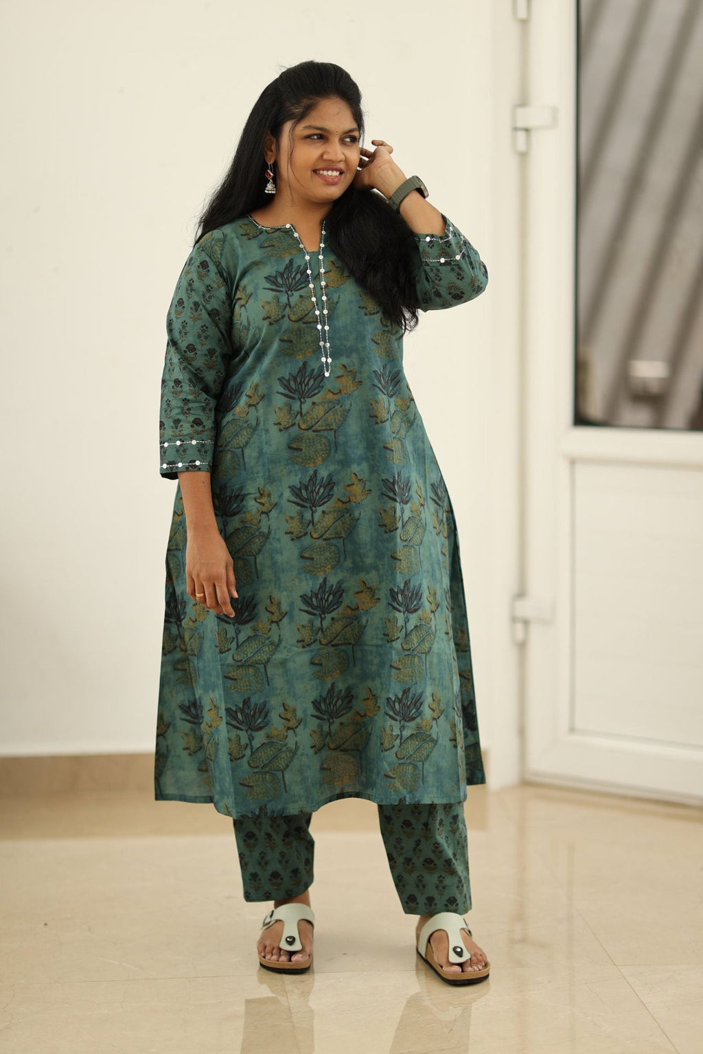 Teal Green Lotus Block Print 30+ Women Everyday Office Kurta (Top + Bottom) | MAGI0039