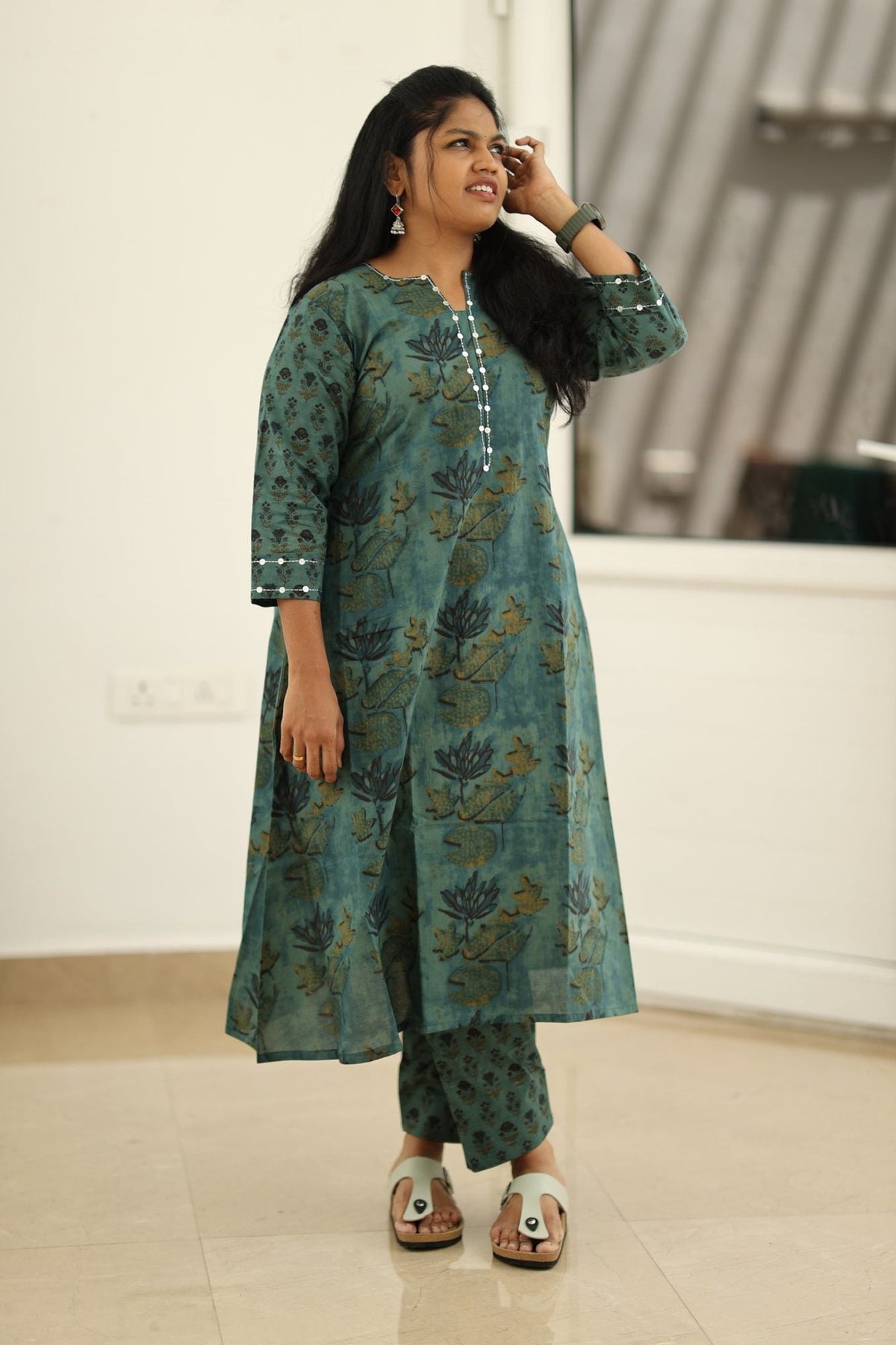 Teal Green Lotus Block Print 30+ Women Everyday Office Kurta (Top + Bottom) | MAGI0039