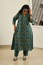 Teal Green Lotus Block Print 30+ Women Everyday Office Kurta (Top + Bottom) | MAGI0039