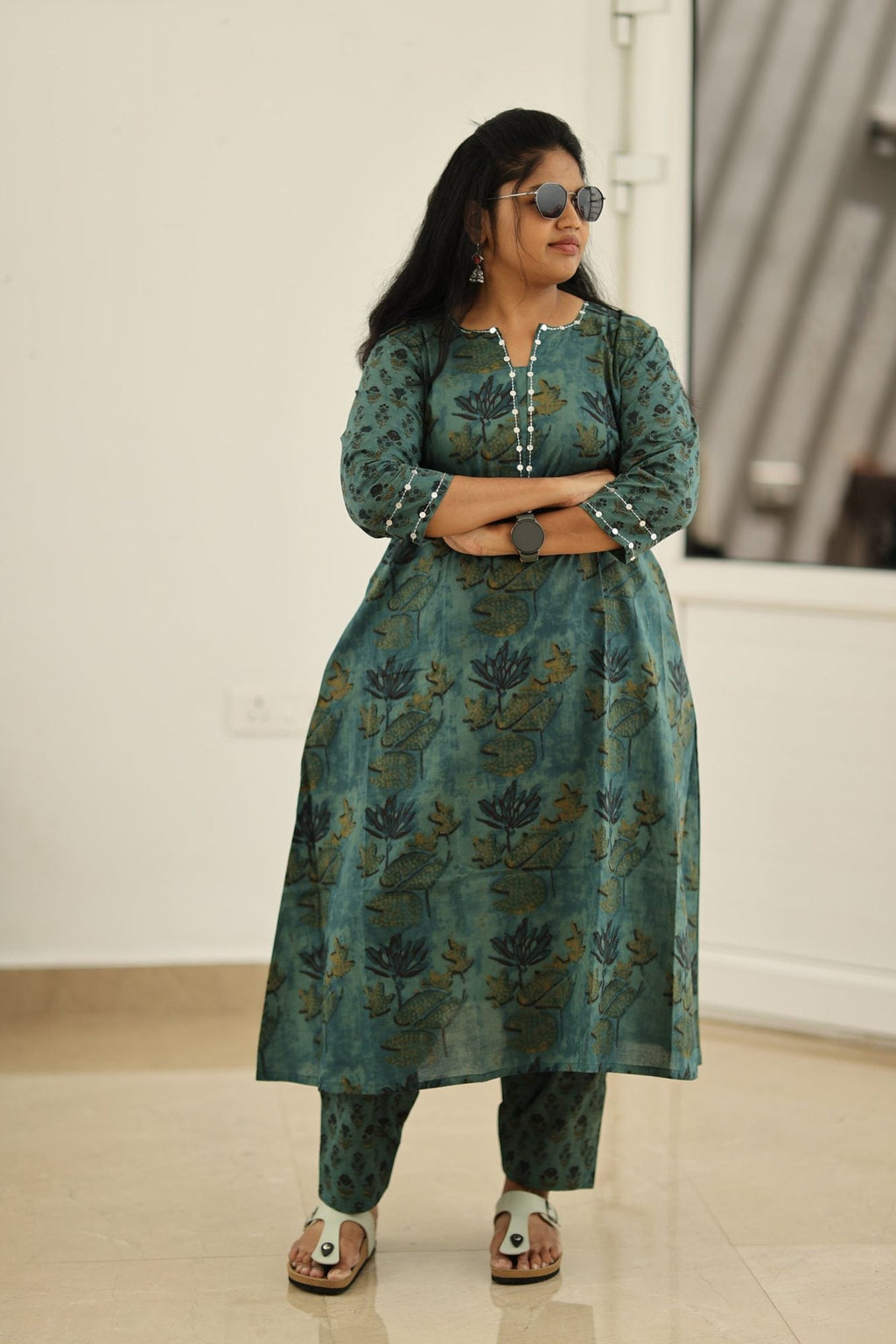 Teal Green Lotus Block Print 30+ Women Everyday Office Kurta (Top + Bottom) | MAGI0039